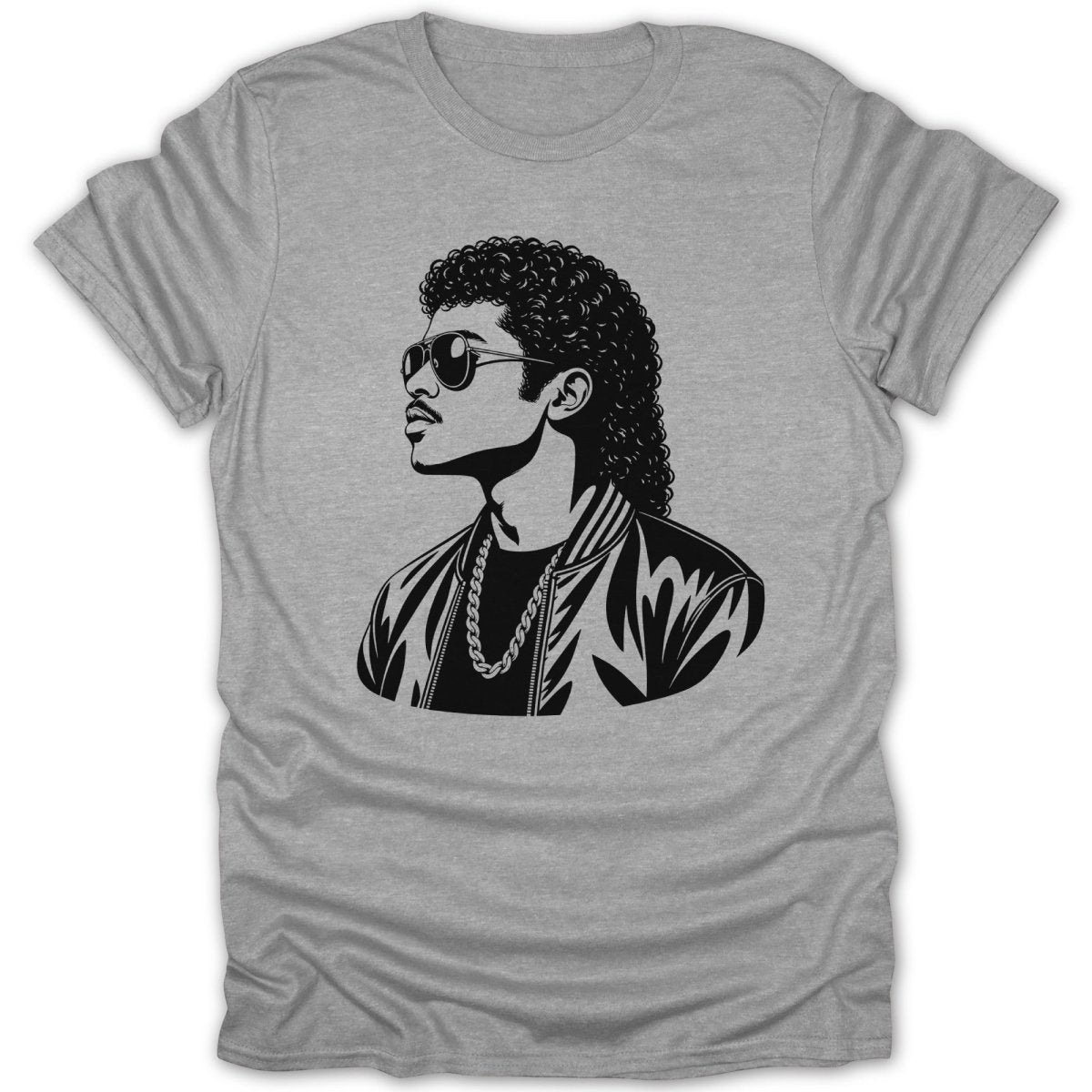 Black graphic print of a man with curly hair, sunglasses, and a chain on a gray t-shirt.