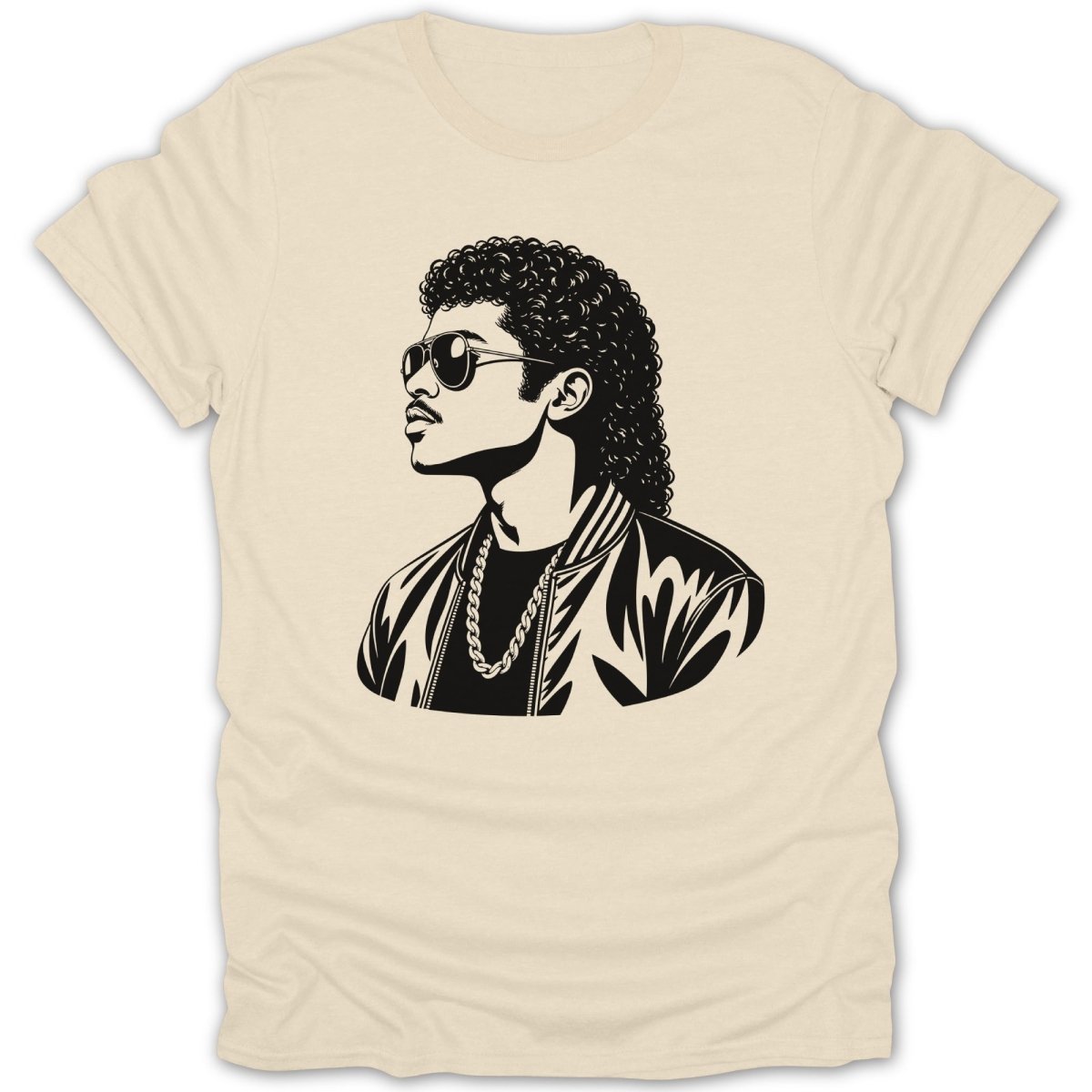 Black and white illustration of a man with curly hair wearing sunglasses and a chain.