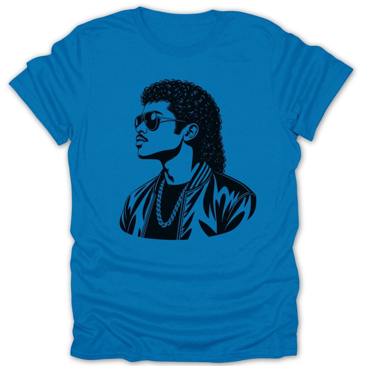 Black graphic on a blue t-shirt of a man with curly hair, sunglasses, and a chain.