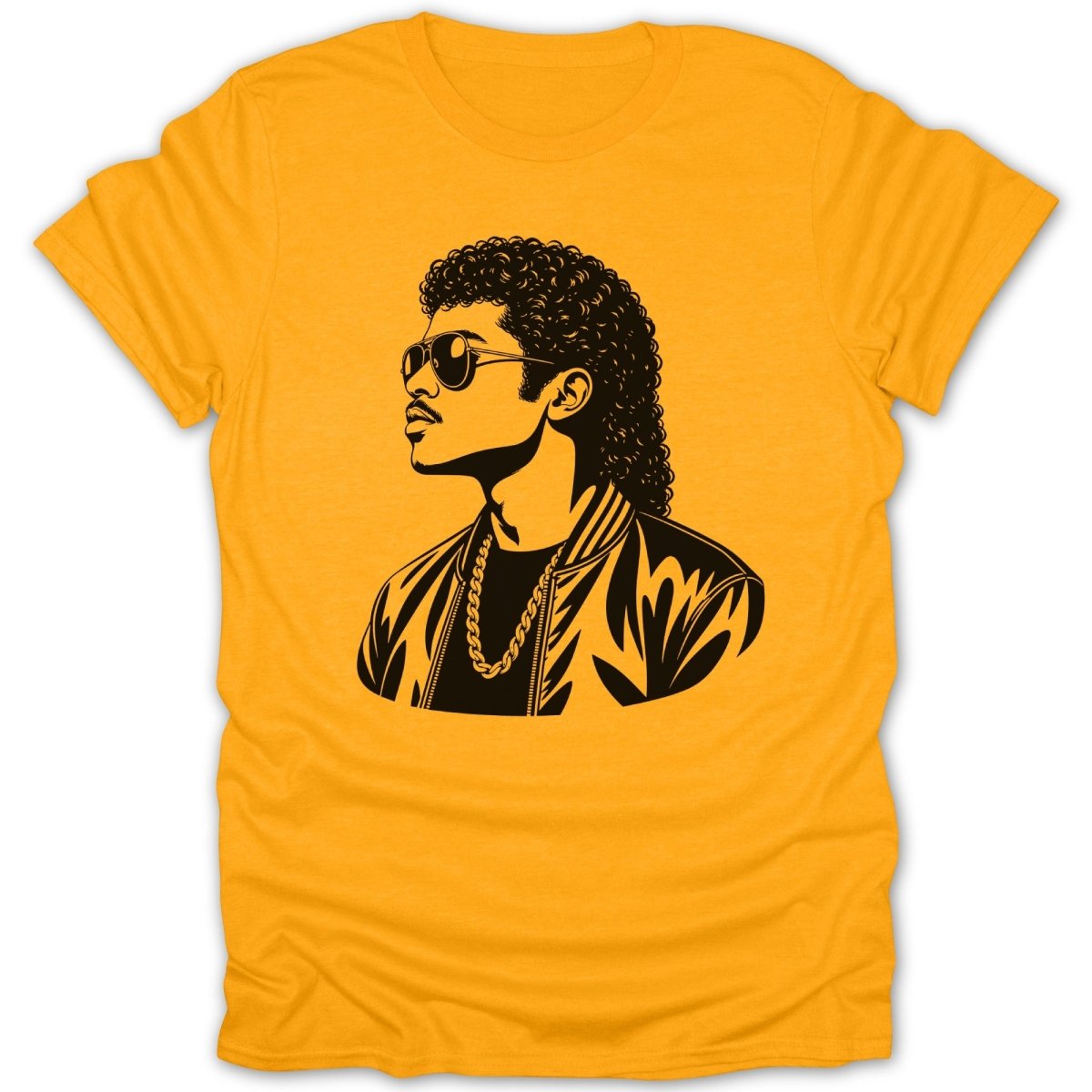 Black silhouette graphic of a man with curly hair, sunglasses, and a gold chain on a yellow t-shirt.
