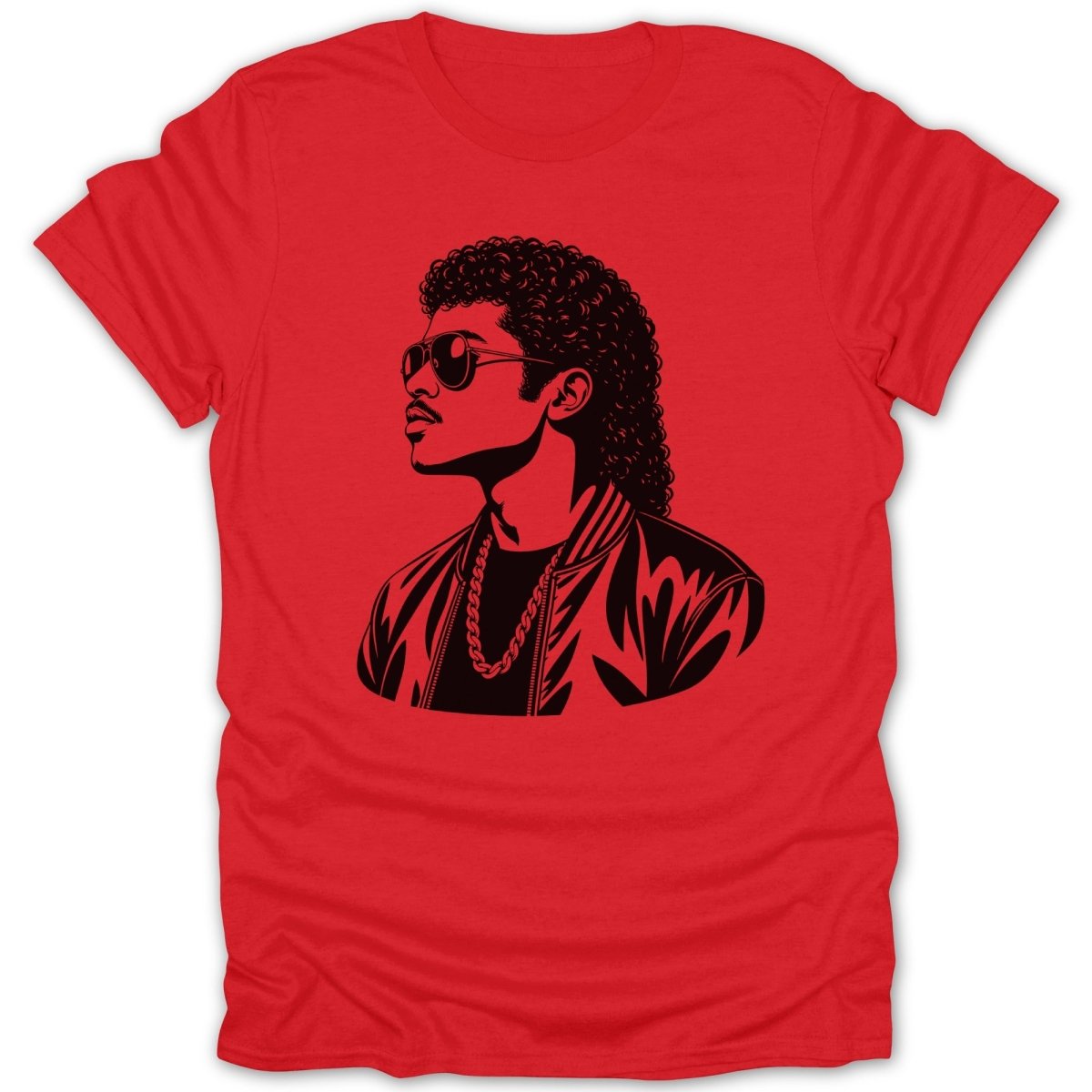 Black graphic of a man with curly hair, sunglasses, and a chain on a red t-shirt.