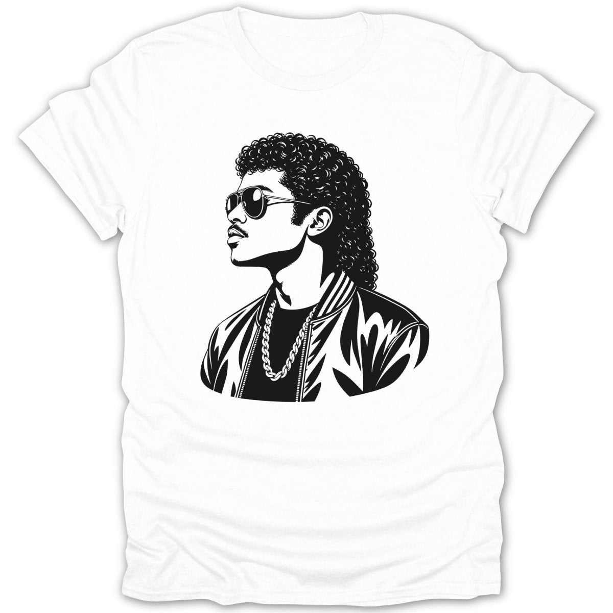 Black and white graphic of a man with curly hair, sunglasses, and a gold chain.