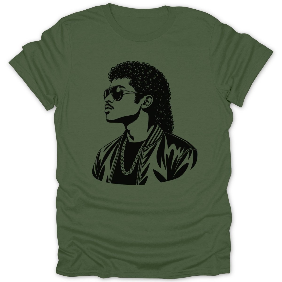 Green t-shirt with black graphic of a man with sunglasses and a chain