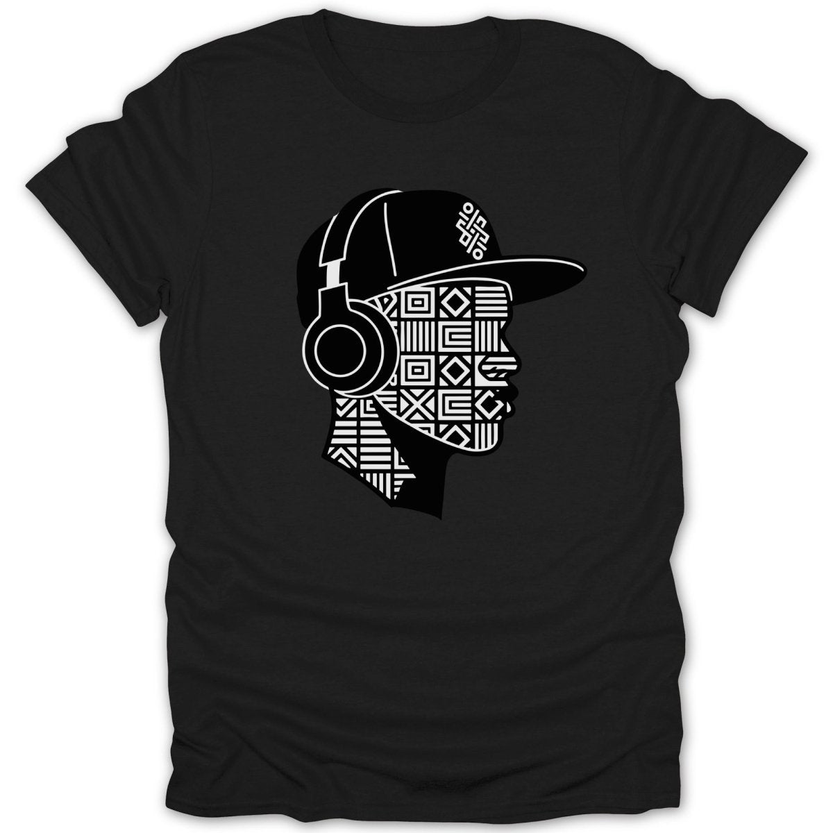 Black t-shirt with a profile graphic of a person wearing headphones and a cap.
