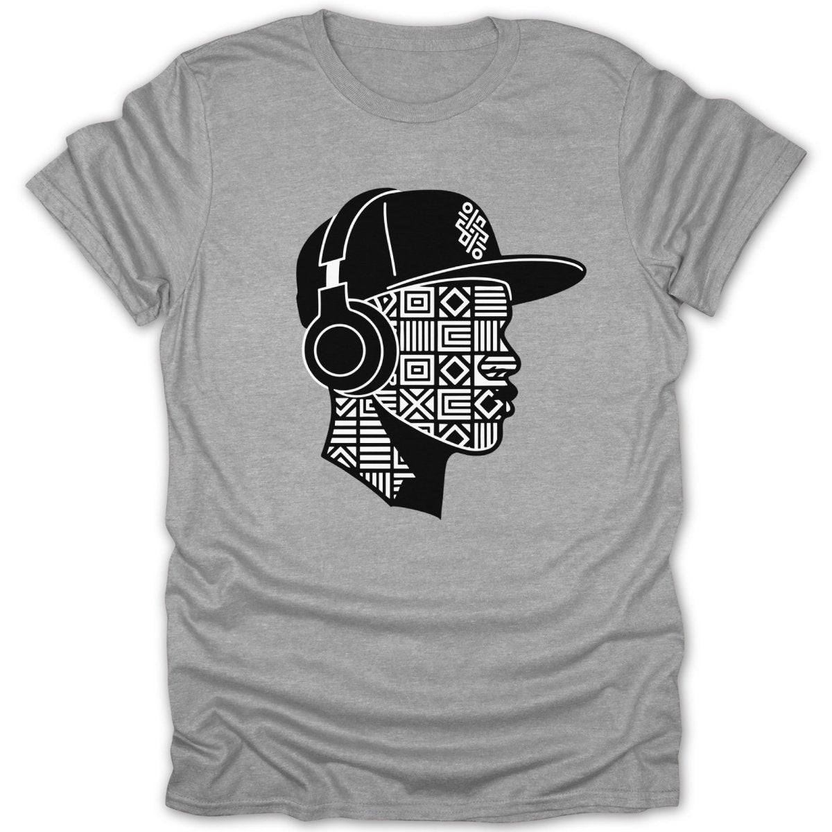 Grey t-shirt with black geometric head silhouette wearing headphones and a baseball cap.