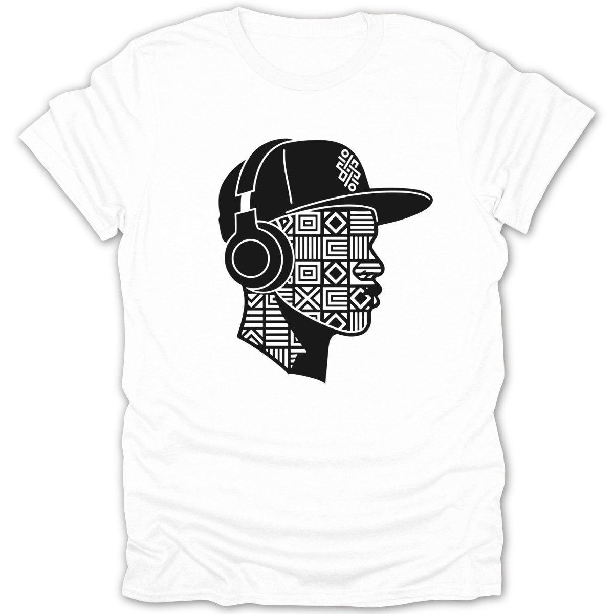 White t-shirt with black graphic of a person wearing headphones and a baseball cap.