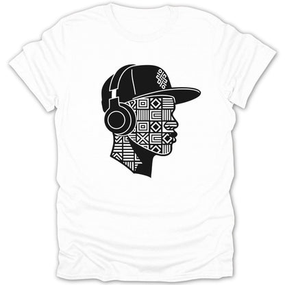White t-shirt with black graphic of a person wearing headphones and a baseball cap.