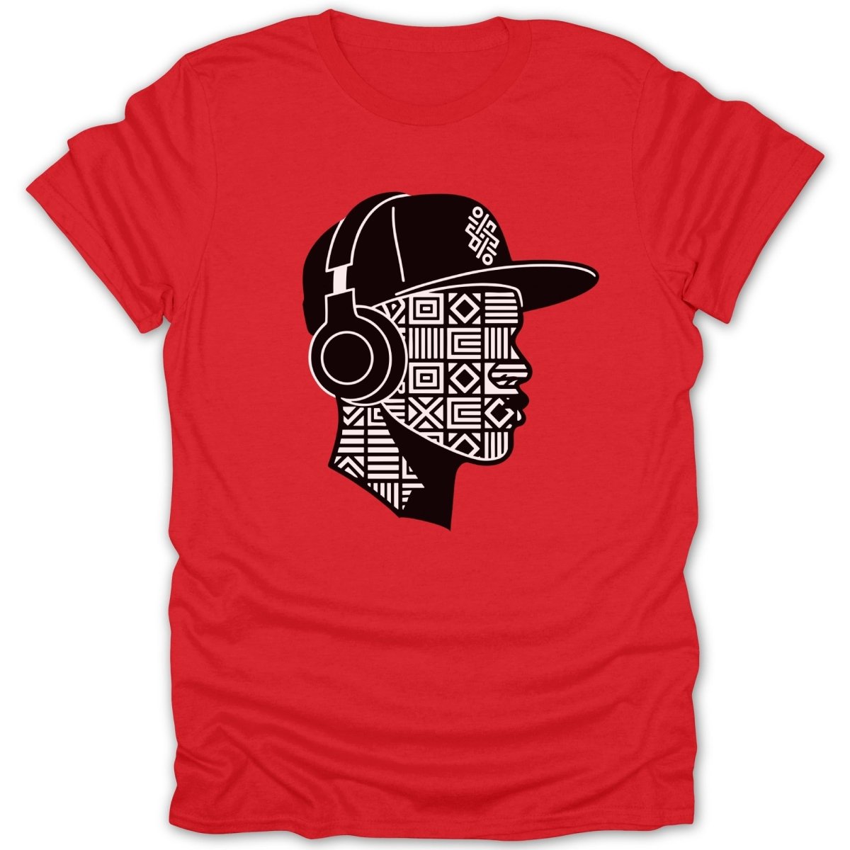 Red t-shirt with black graphic of a person wearing headphones and a cap.