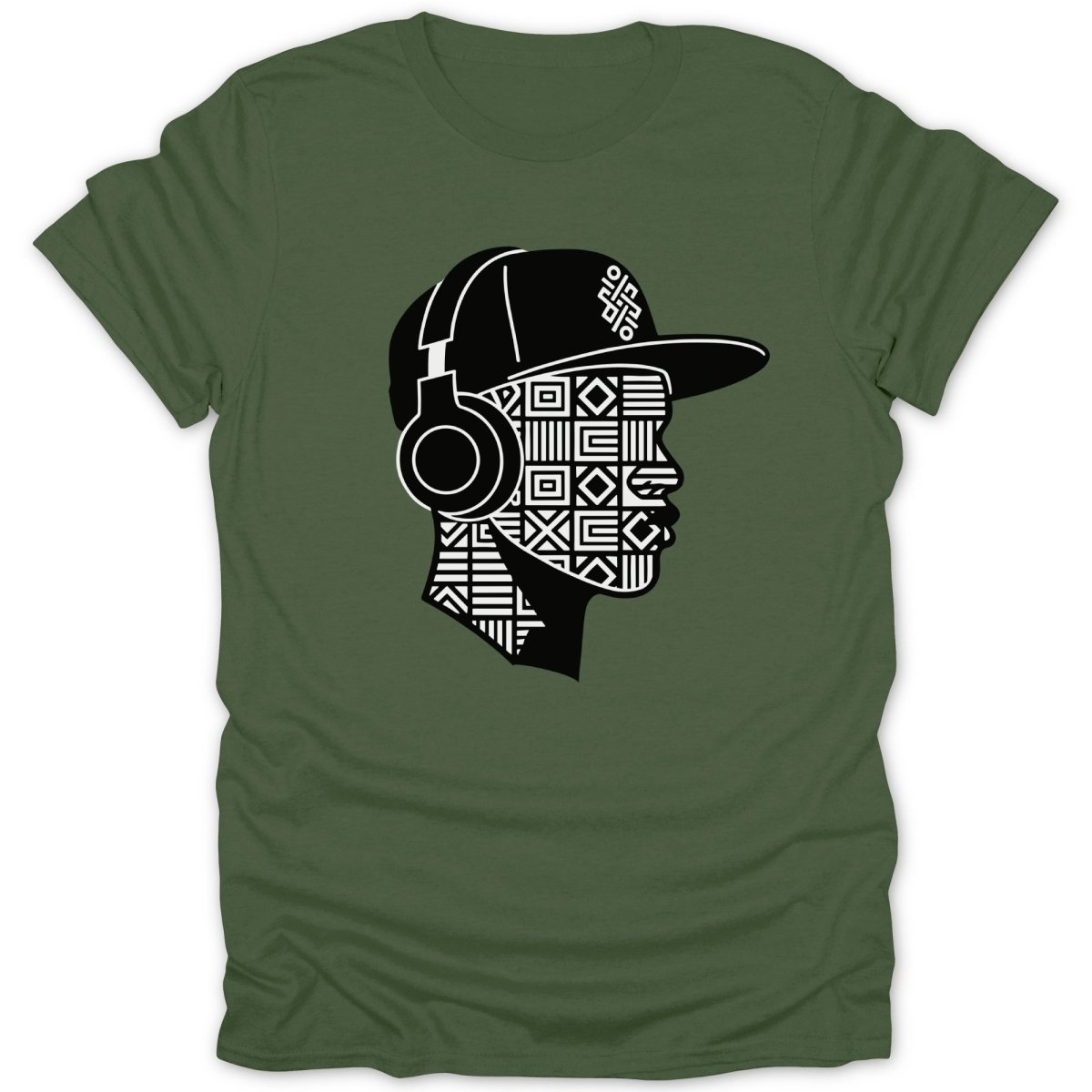 Green t-shirt with black and white geometric pattern of a person wearing headphones and a cap.