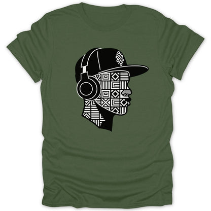 Green t-shirt with black and white geometric pattern of a person wearing headphones and a cap.