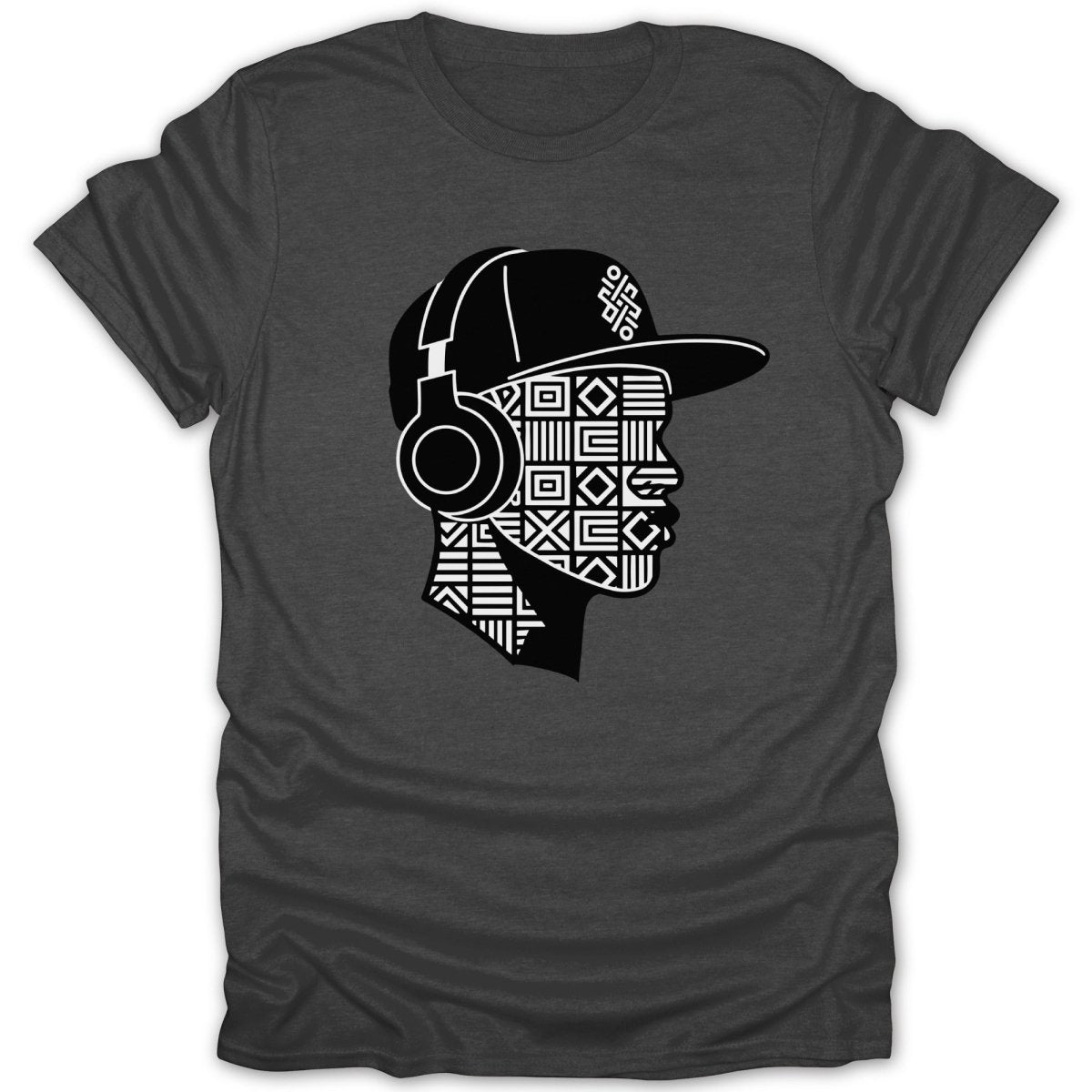Dark t-shirt with black and white geometric pattern of a person wearing headphones and a hat.