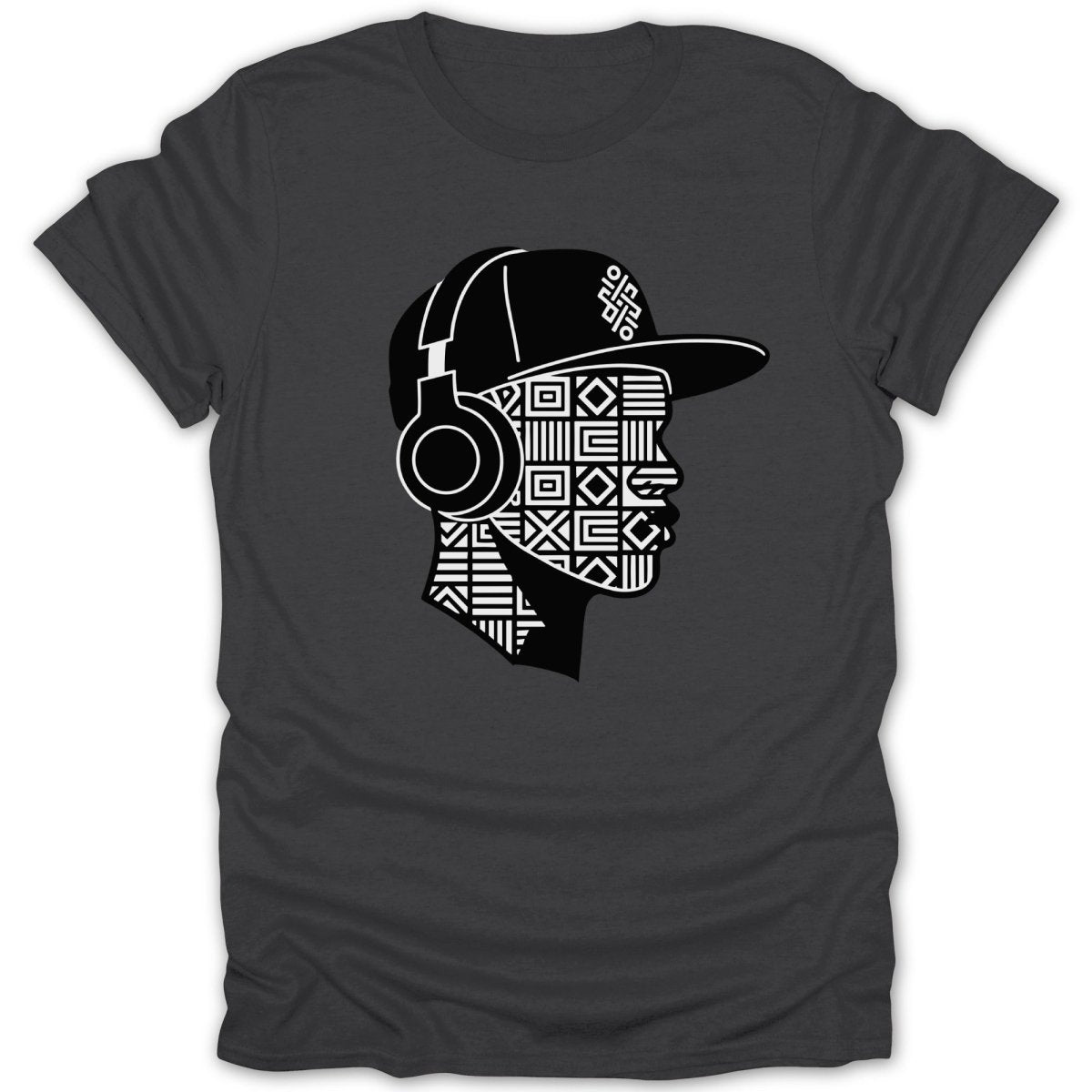 T-shirt with black cap, headphones, and a face with geometric pattern.