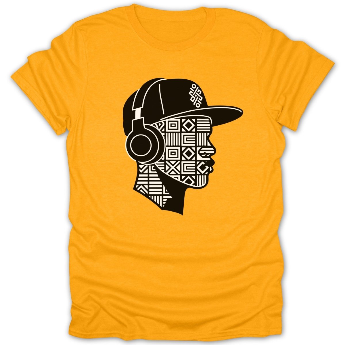 Yellow t-shirt with black graphic of a person wearing headphones and a cap.