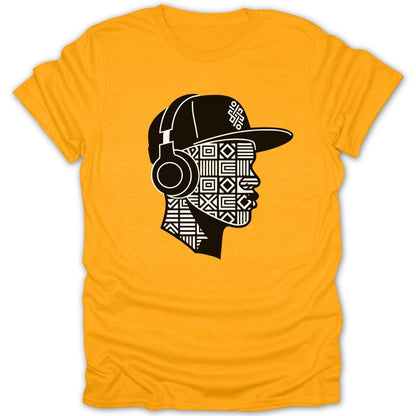 Yellow t-shirt with black graphic of a person wearing headphones and a cap.