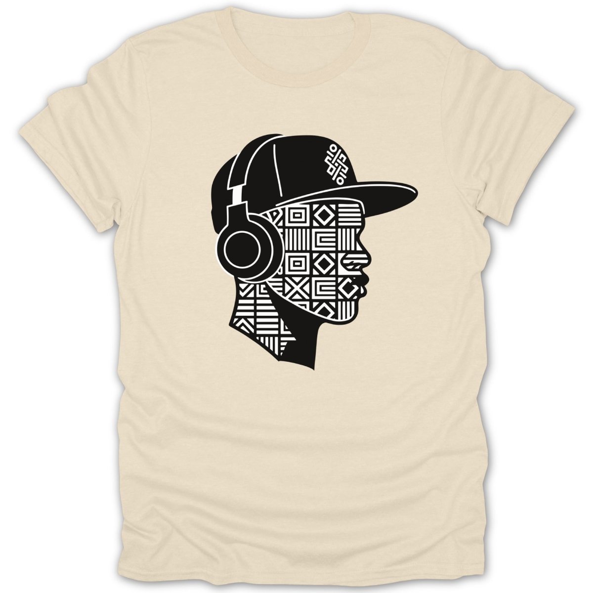 Cream t-shirt with a black graphic of a person wearing headphones and a baseball cap.