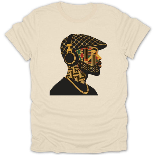 Man wearing headphones and a patterned hat with African-inspired face art.