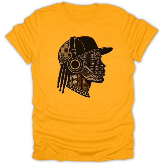 Orange t-shirt with black graphic of profile head with headphones and braided hair.