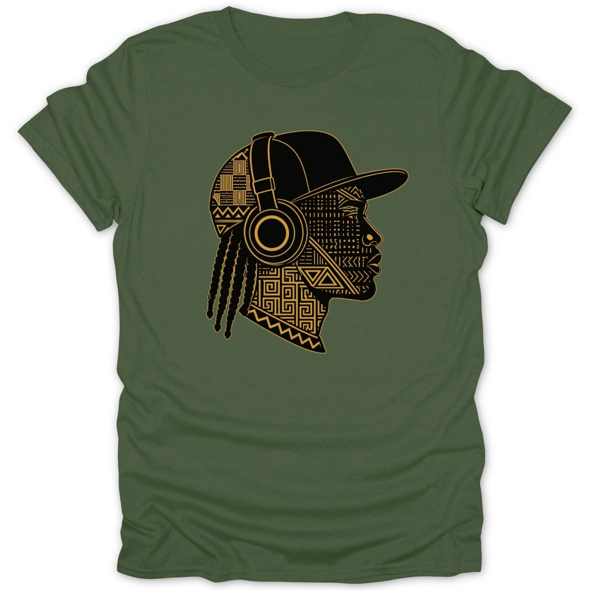 Green t-shirt with a profile of a person wearing headphones and a baseball cap with tribal patterns.