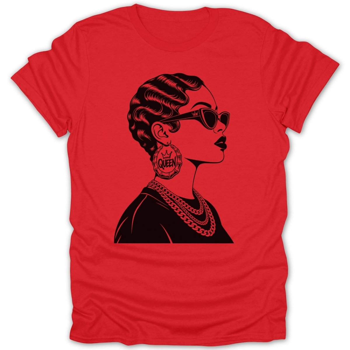 Black graphic of woman wearing sunglasses, large "Queen" earring, and chains on red t-shirt.