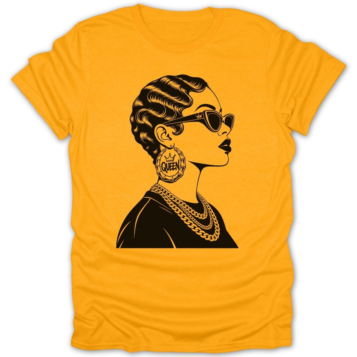 Black silhouette of a woman with sunglasses and "Queen" earring on yellow shirt.