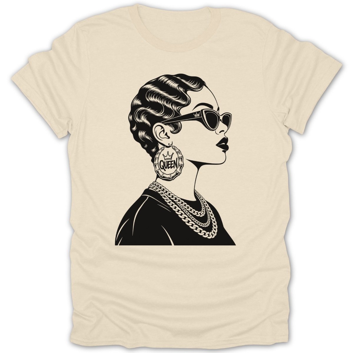 Black illustration of a woman with sunglasses, large hoop earring, and layered chains.