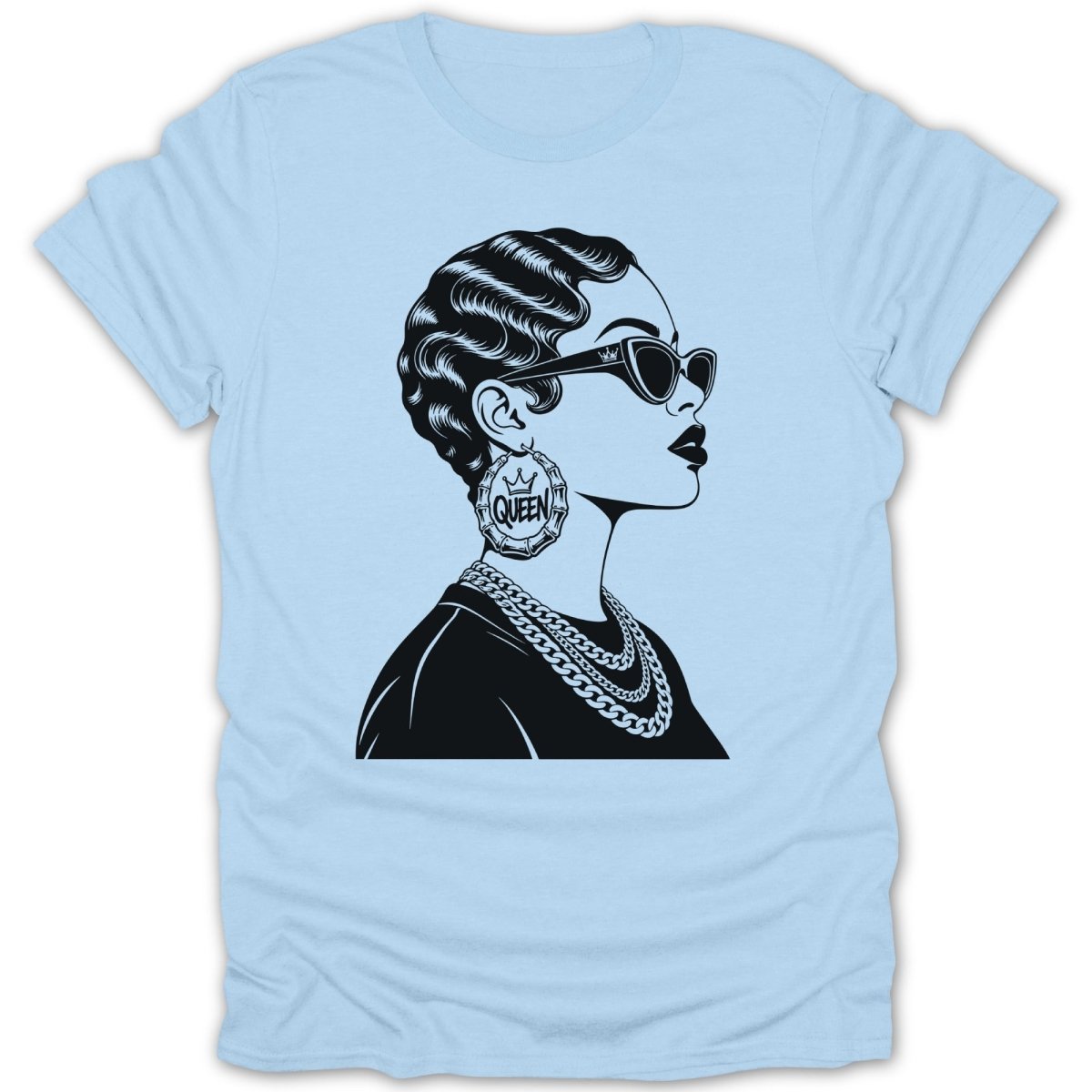 Black graphic of a woman wearing sunglasses, large hoop earrings, and chains.