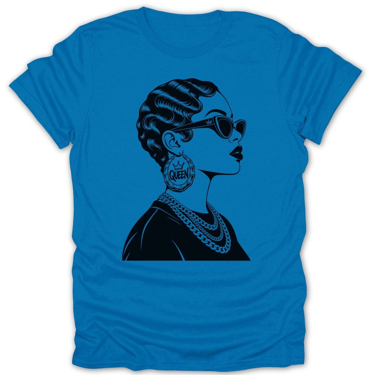 Black silhouette of a woman with sunglasses and large "Queen" earring on blue t-shirt.