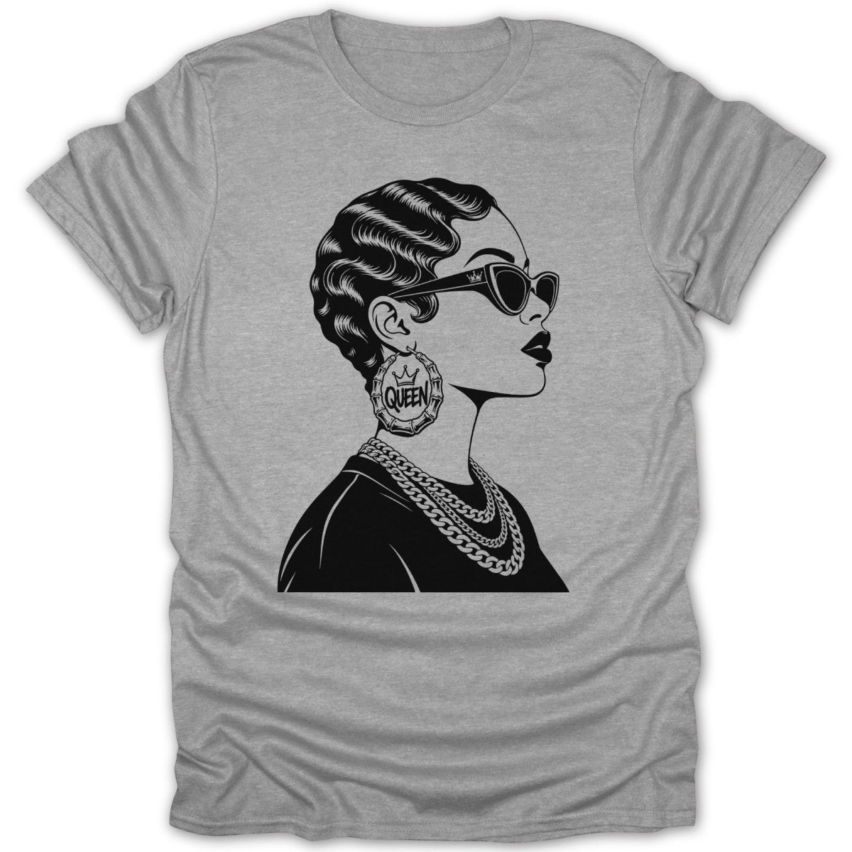 Black graphic of a woman with sunglasses, large hoop earring with "Queen", and chains on a grey t-shirt.