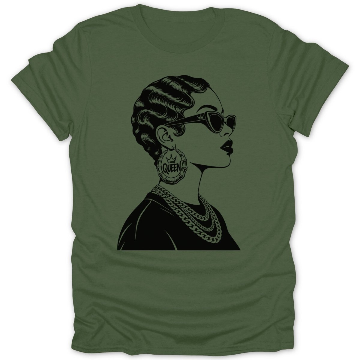 Black line art of a woman wearing sunglasses, large "Queen" earrings, and chains on a green shirt.