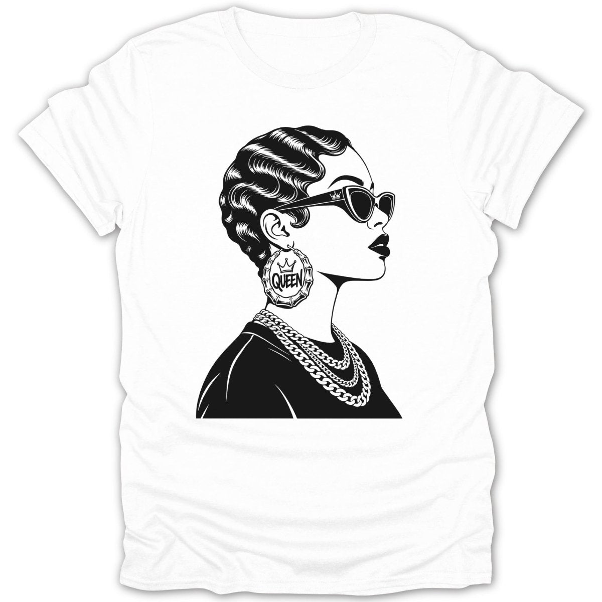 Black graphic of a woman with sunglasses, large hoop earrings, and chains on a white t-shirt.