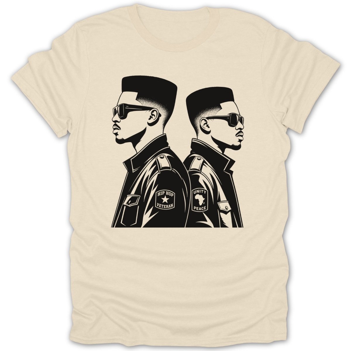 Black graphic of two men with flat-top haircuts and sunglasses, back to back.