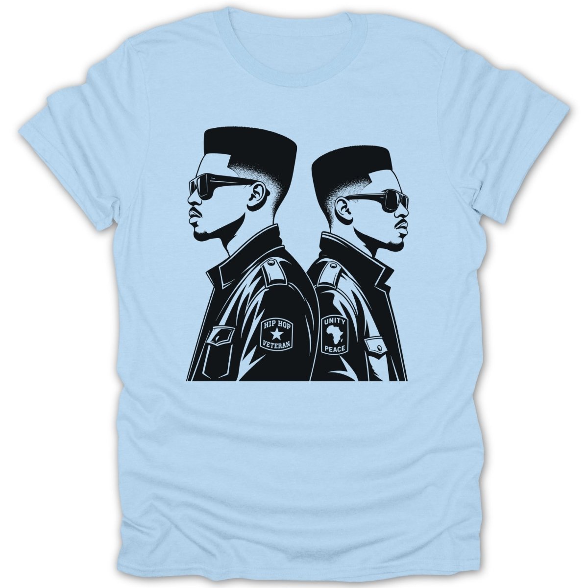 Black and white graphic of two men with flat top haircuts and sunglasses, one with "Hip Hop Veteran" and the other with "Unity Peace".
