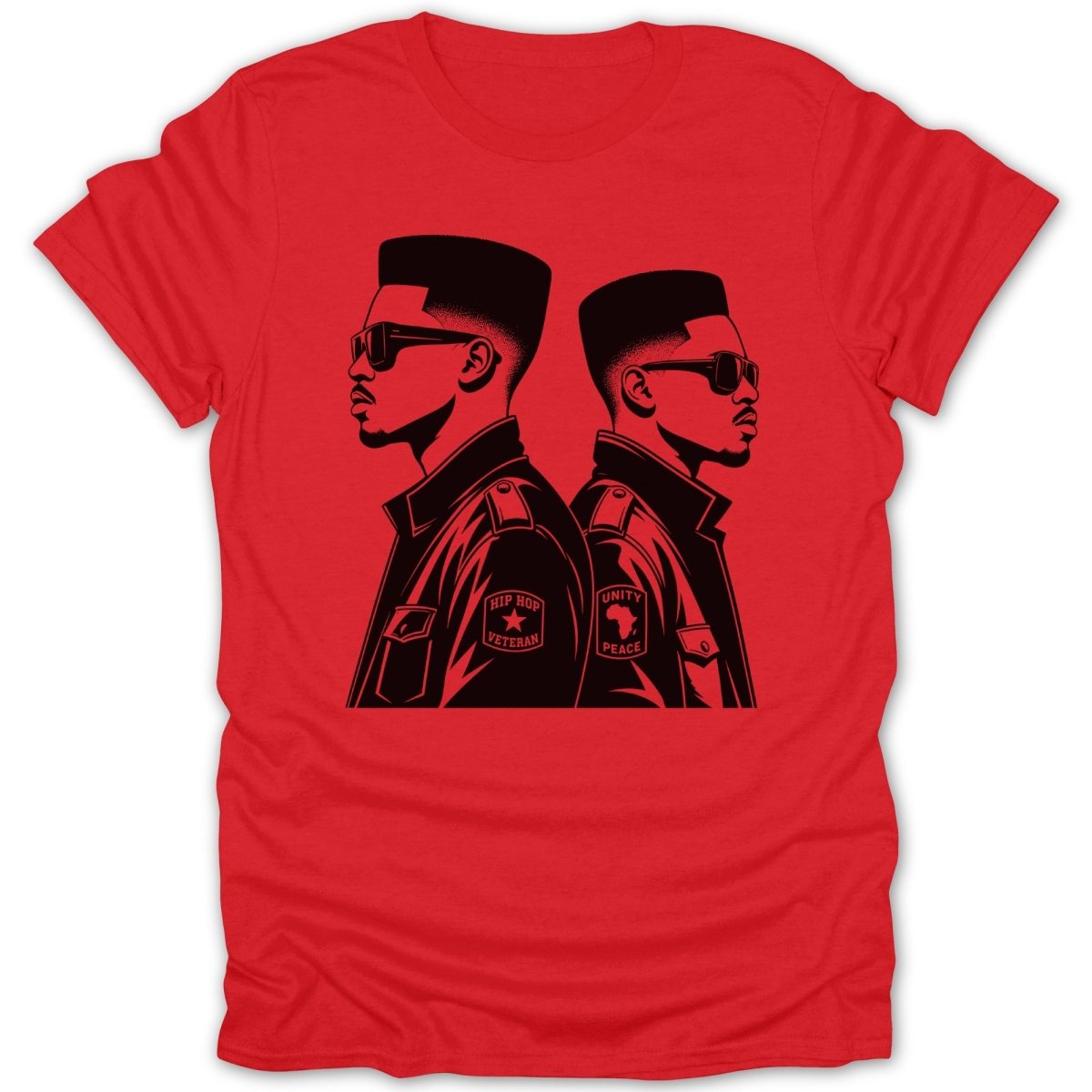 Black graphic of two men in profile with sunglasses and text patches on red t-shirt.