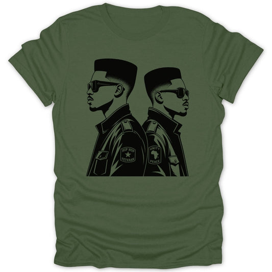Two men in profile wearing sunglasses and distinct hairstyles, with badges on their jackets.