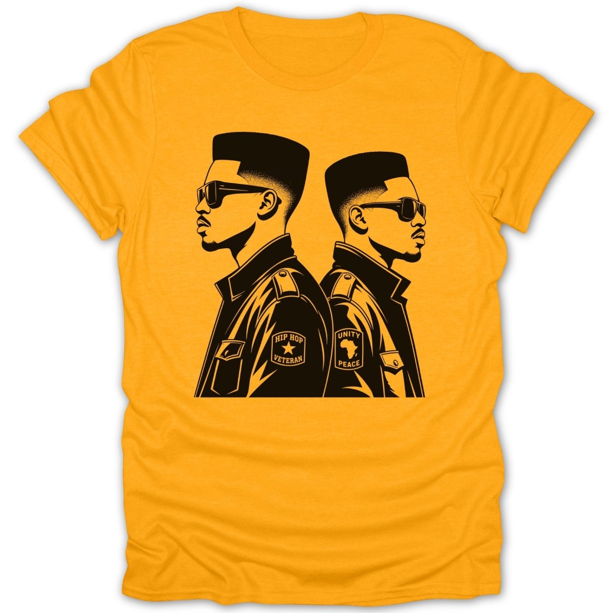 Two men with flat-top haircuts and sunglasses are depicted on a yellow shirt.