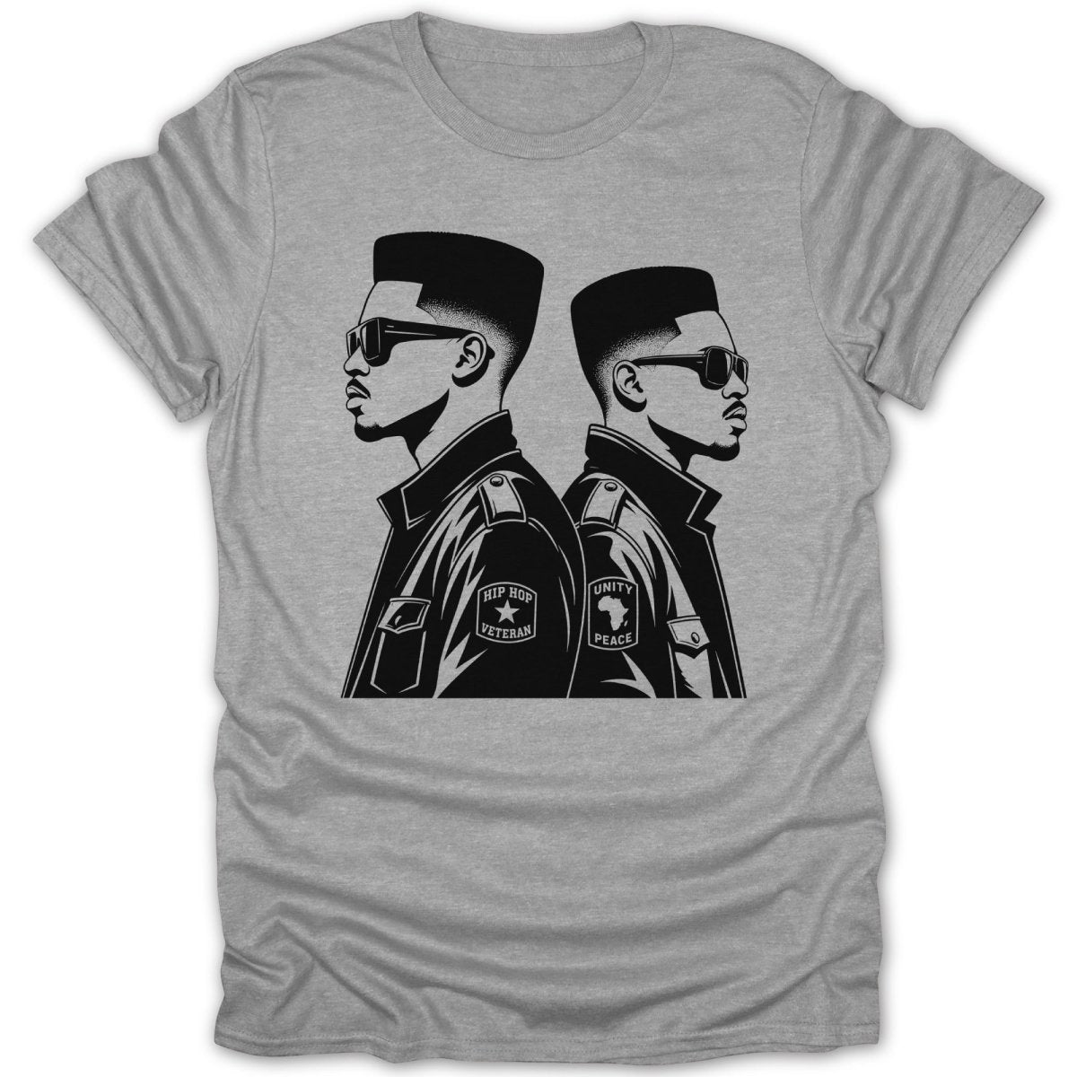 Black and white illustration of two men with flat-top haircuts and sunglasses, back-to-back.