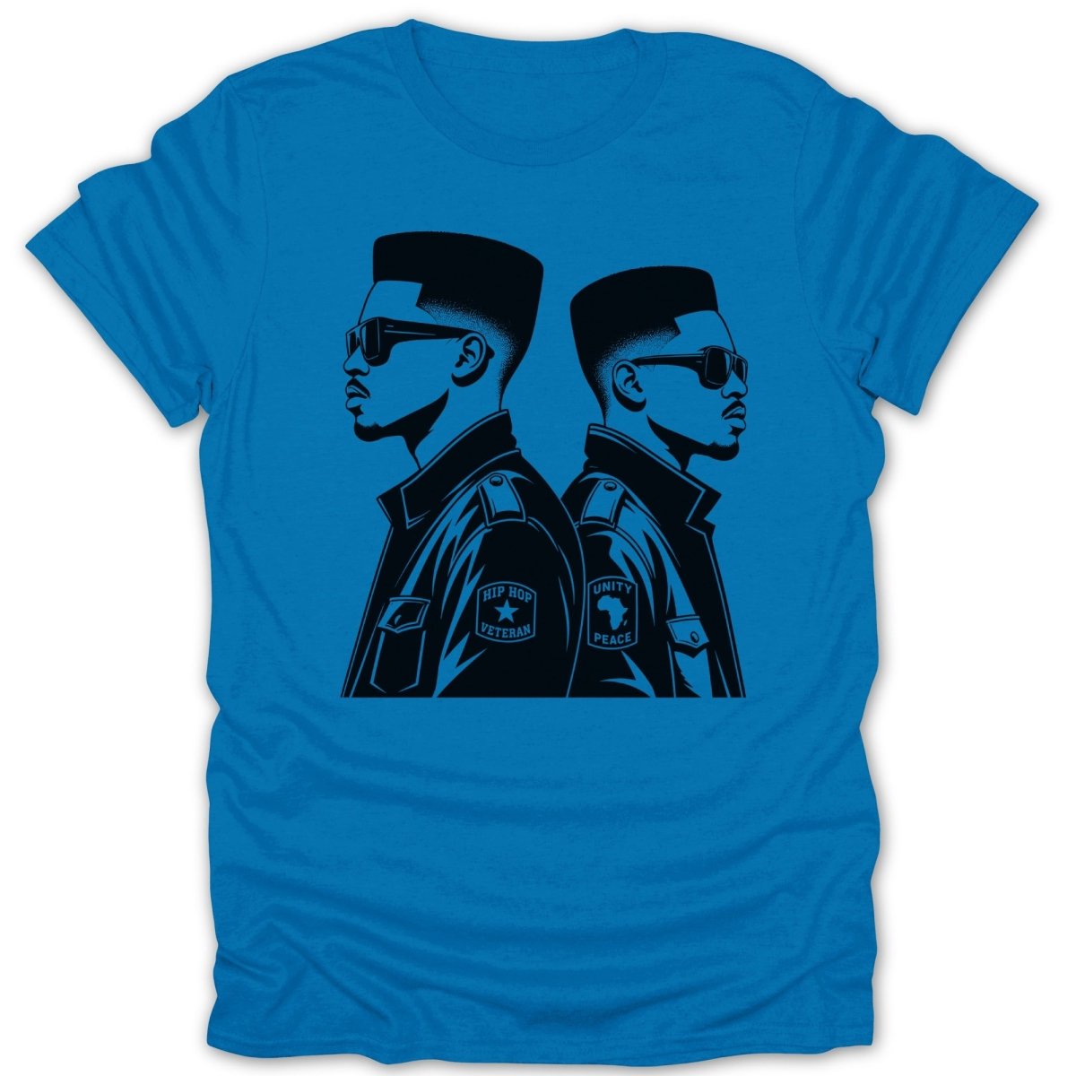 Two men with flat-top haircuts and sunglasses are depicted back to back.