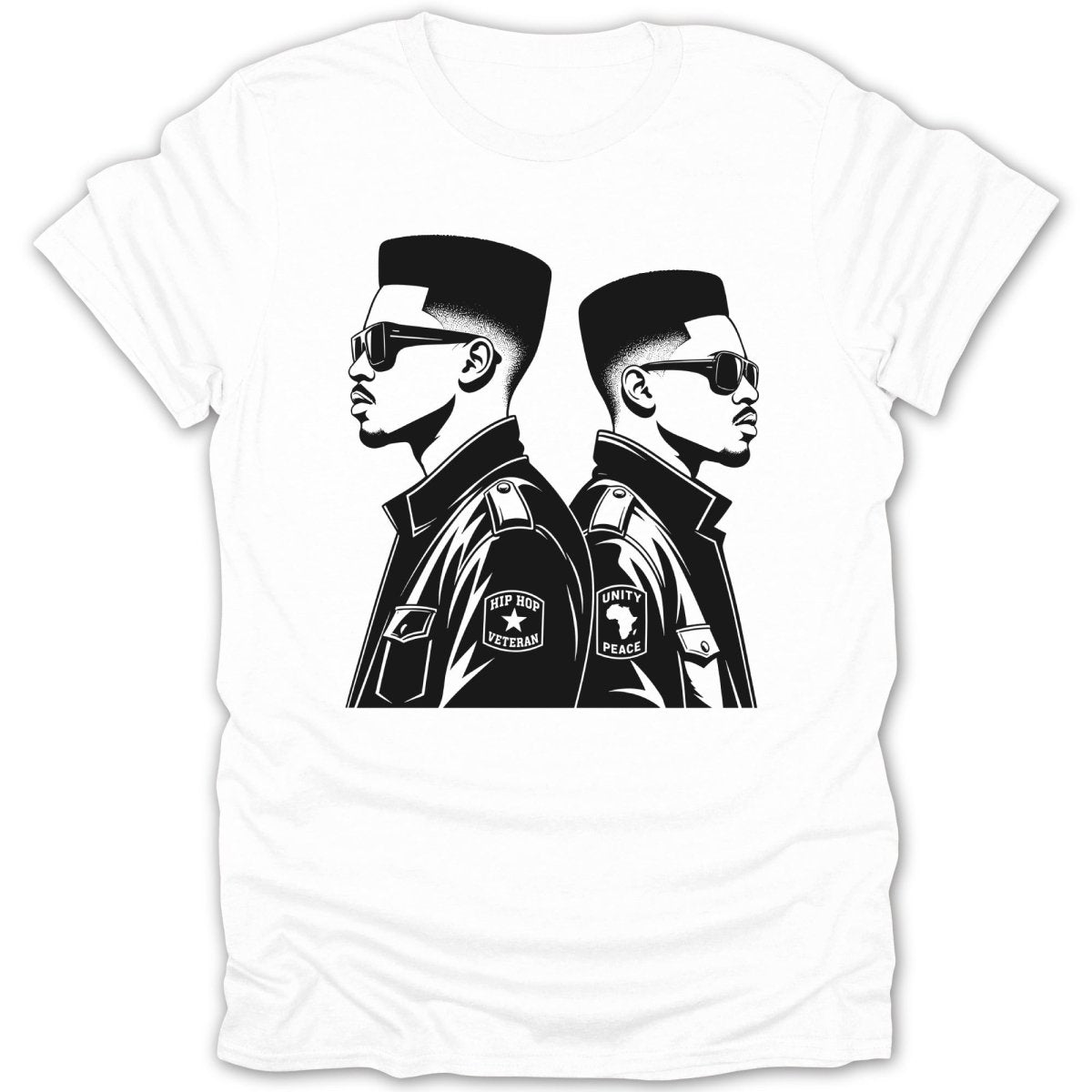 Black and white illustration of two men with flat-top haircuts and sunglasses, wearing jackets with patches.