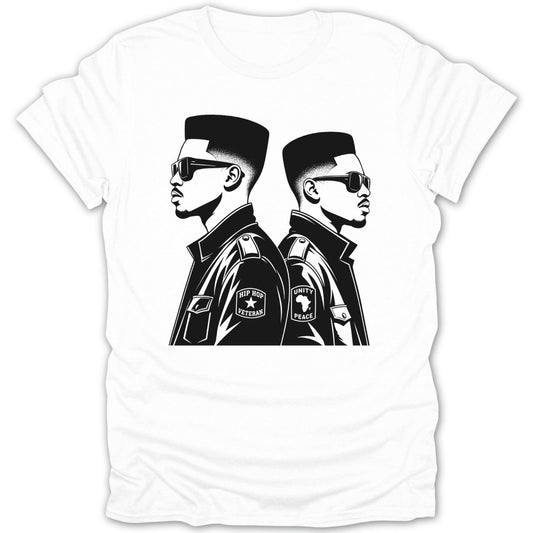 Black and white illustration of two men with flat-top haircuts and sunglasses, wearing jackets with patches.