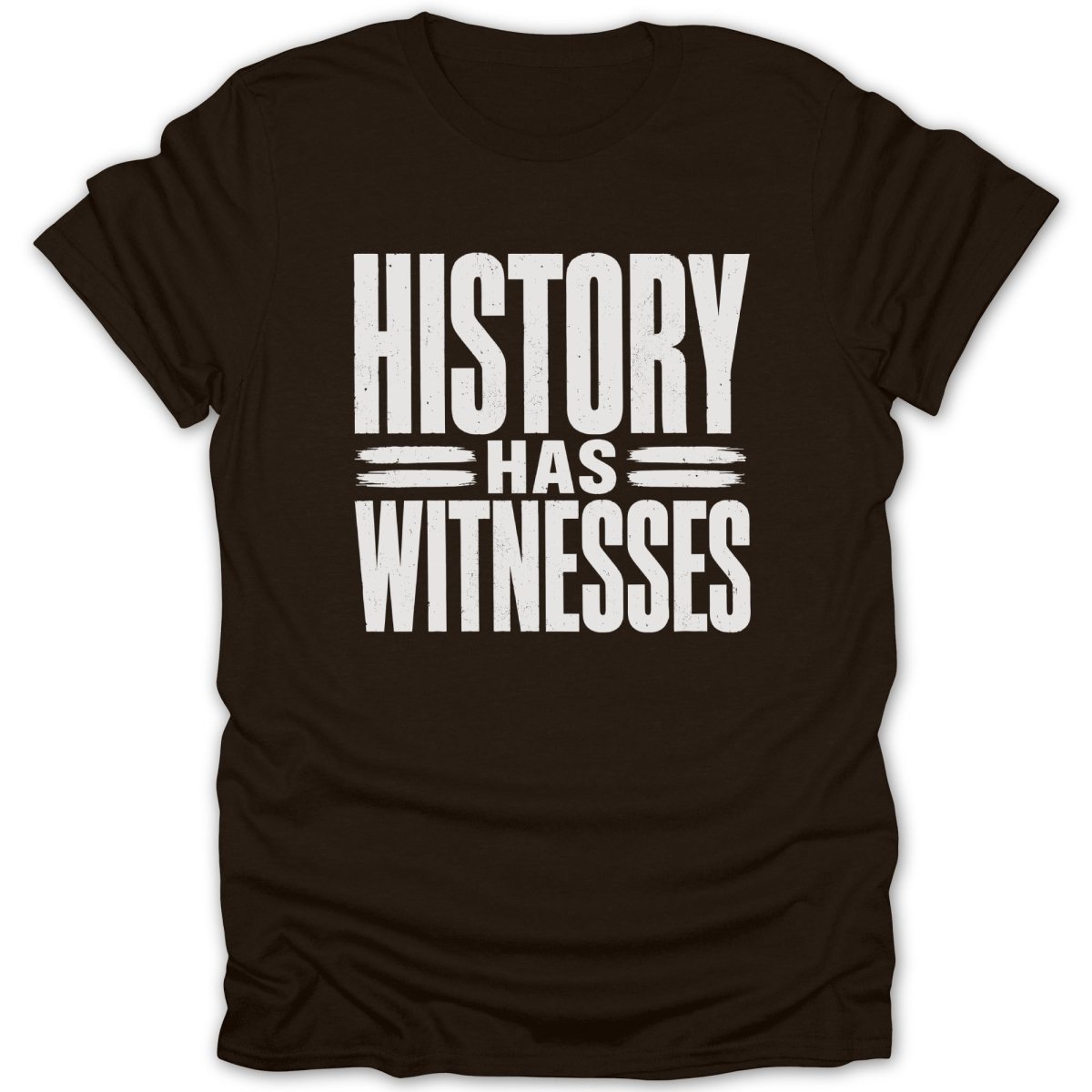 Dark brown t-shirt with white text that reads "HISTORY HAS WITNESSES".