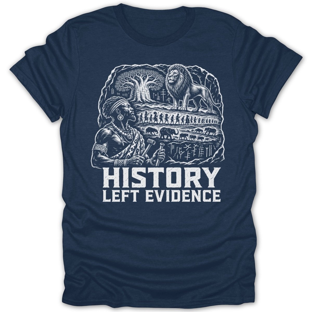 Navy t-shirt with "HISTORY LEFT EVIDENCE" and a scene of ancient life.