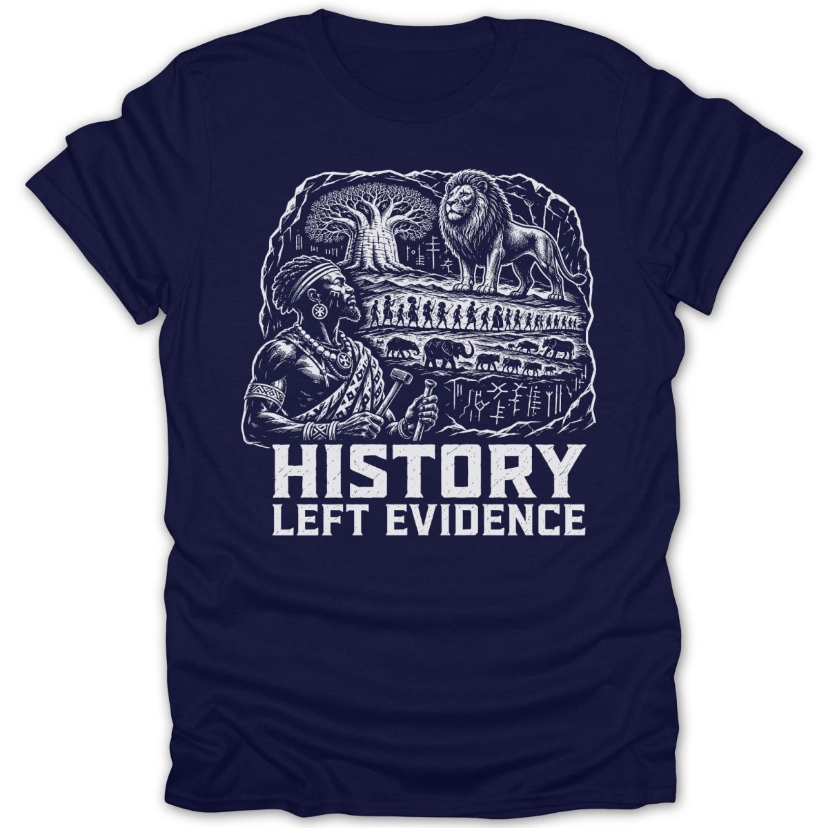 Illustration of an African man and animals below a lion, with text "HISTORY LEFT EVIDENCE".