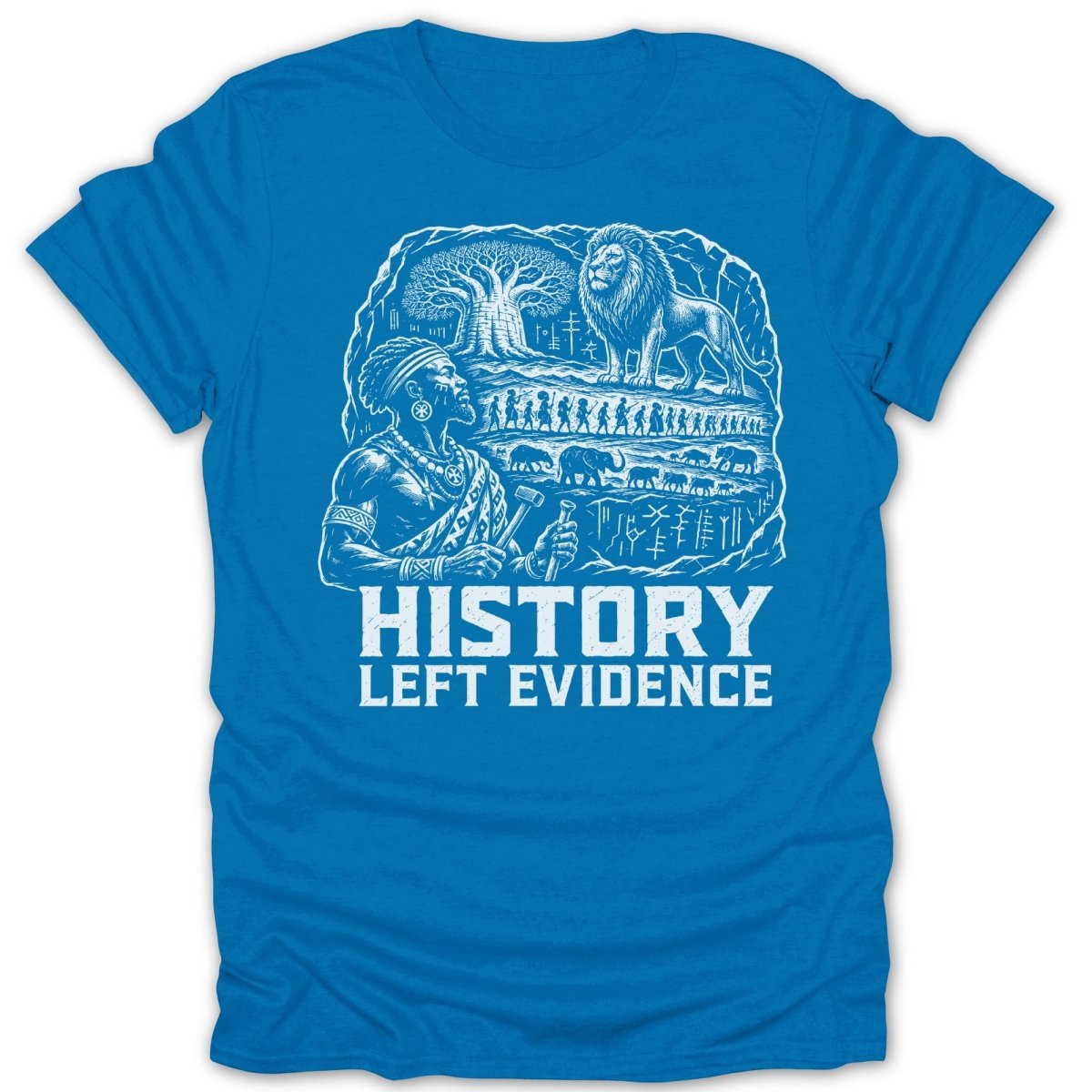 T-shirt design with a historical scene, including a man, lion, and elephants.