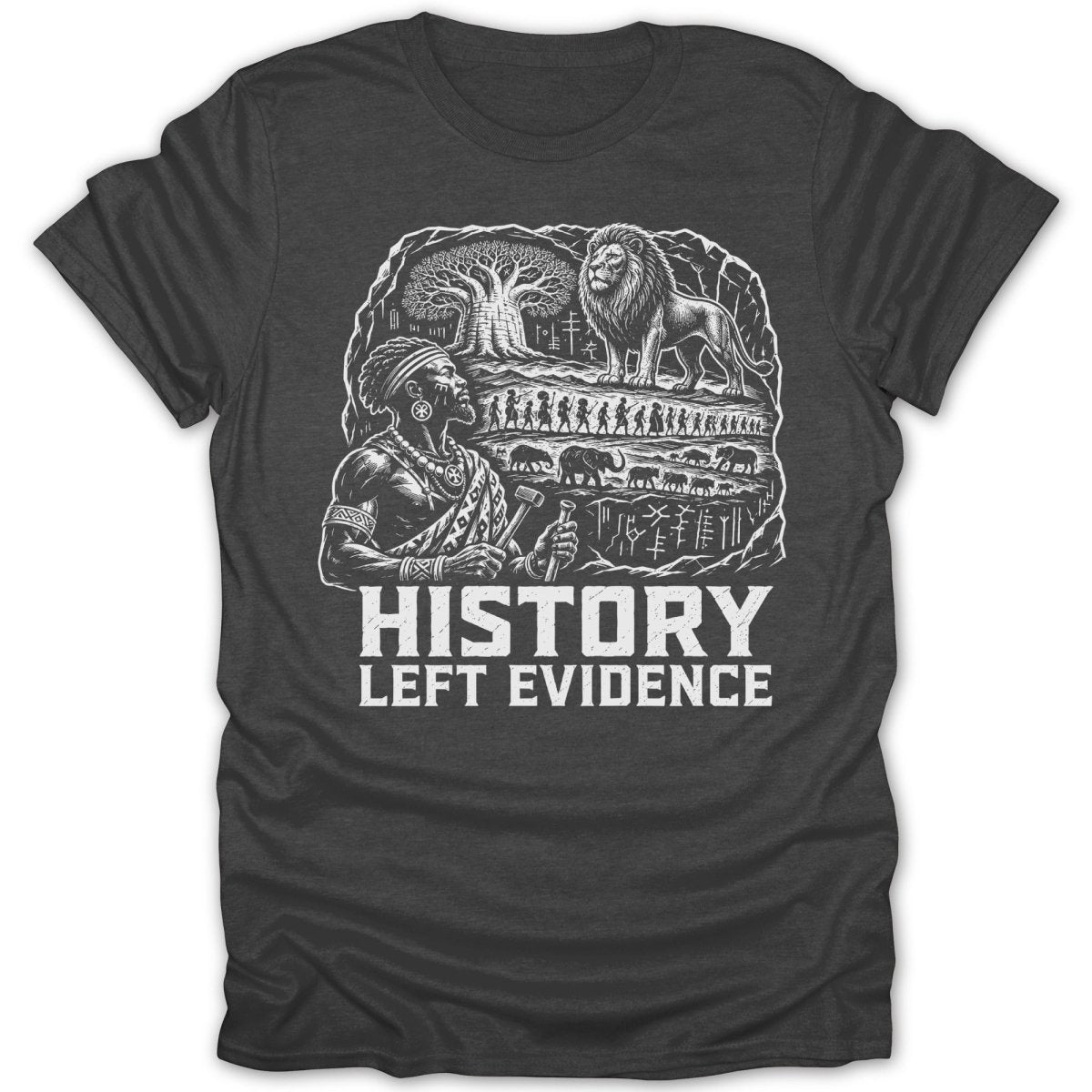 Illustration depicting an ancient African man, animals, and the text "History Left Evidence."