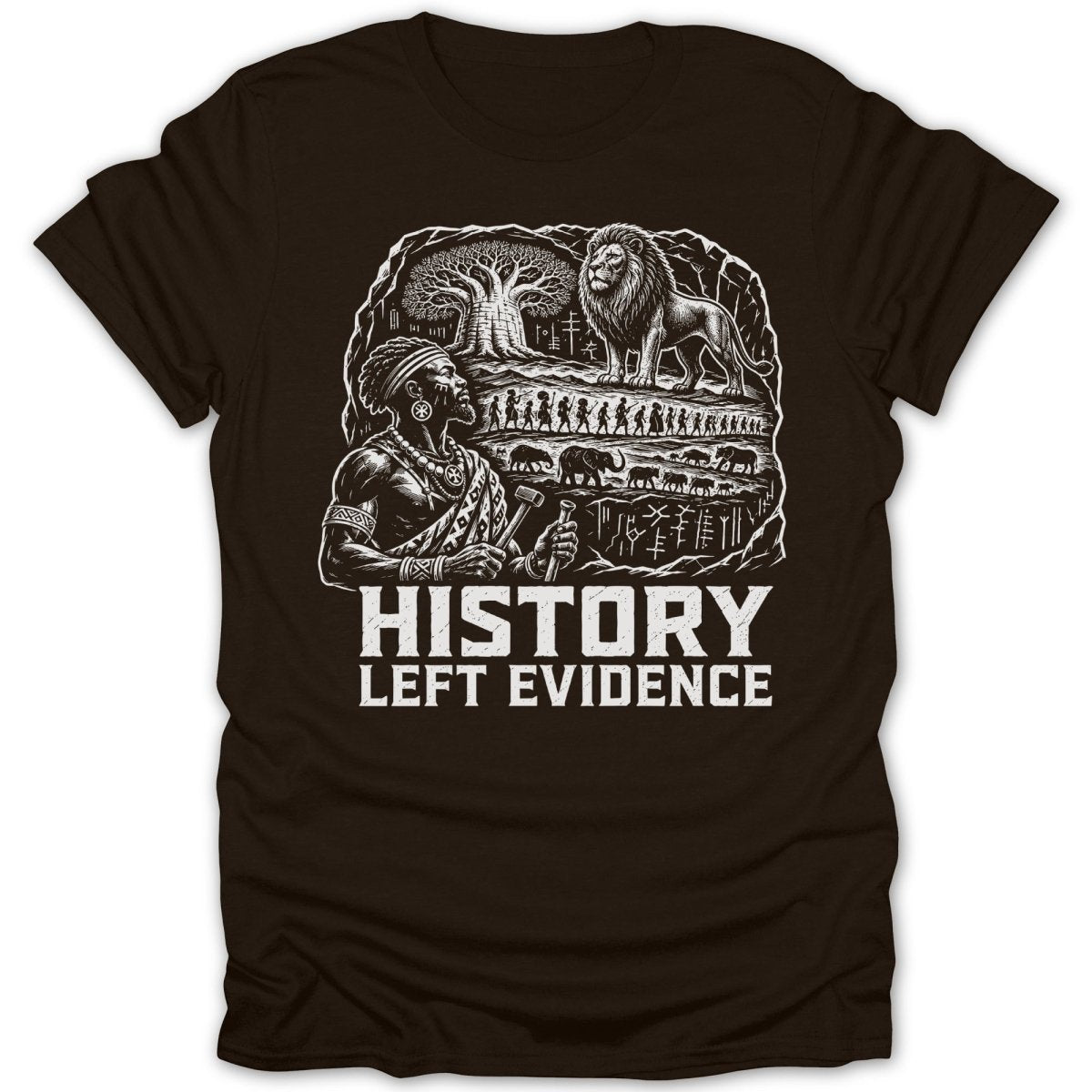 Man and lion with animals and tree silhouette; text "HISTORY LEFT EVIDENCE".
