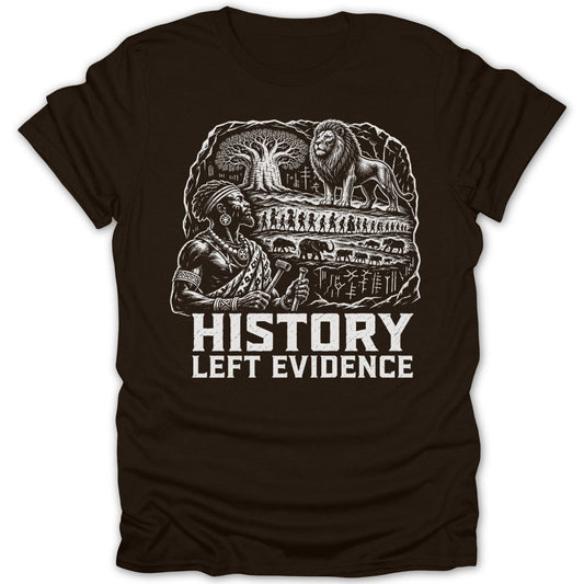 Man and lion with animals and tree silhouette; text "HISTORY LEFT EVIDENCE".