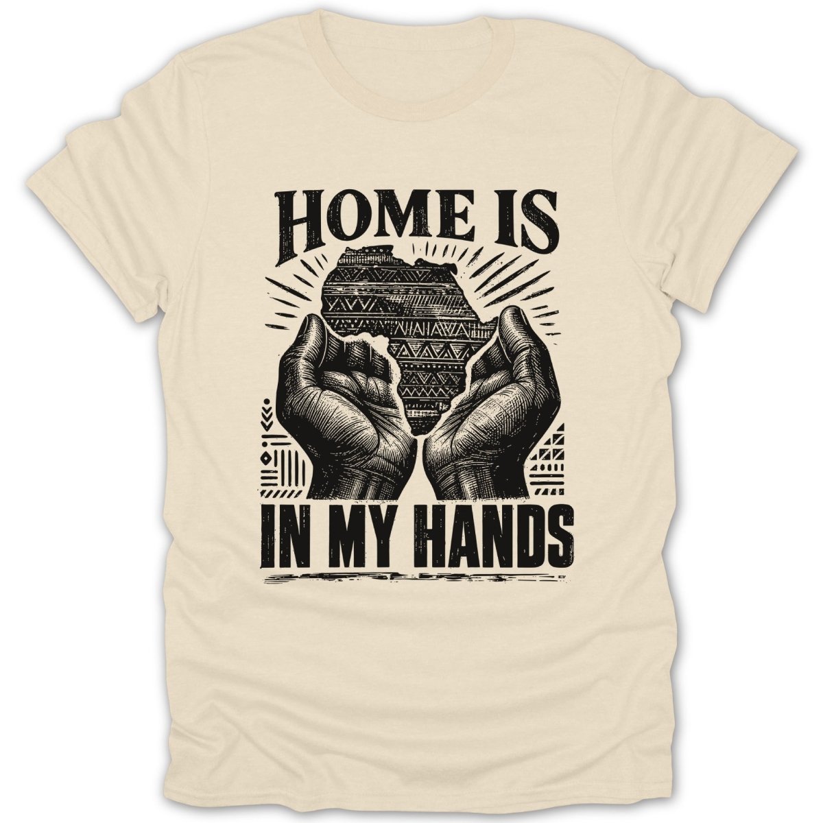 T-shirt with Africa map graphic and text "HOME IS IN MY HANDS".