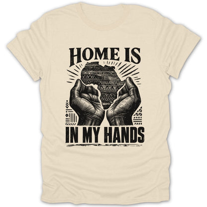T-shirt with Africa map graphic and text "HOME IS IN MY HANDS".
