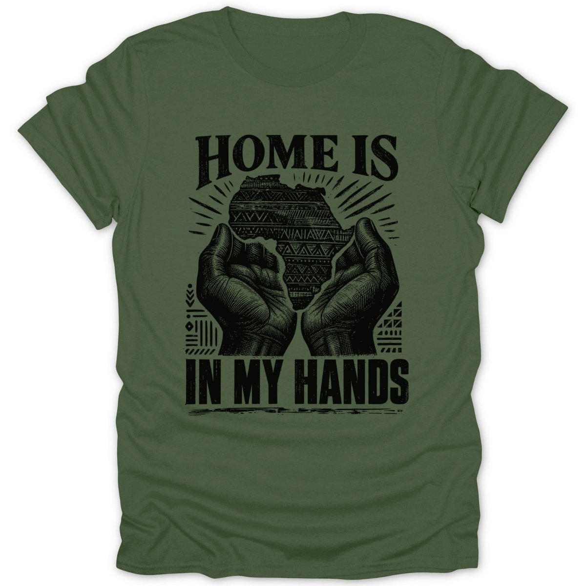 Green t-shirt with black graphic of hands holding Africa, text reads "HOME IS IN MY HANDS".