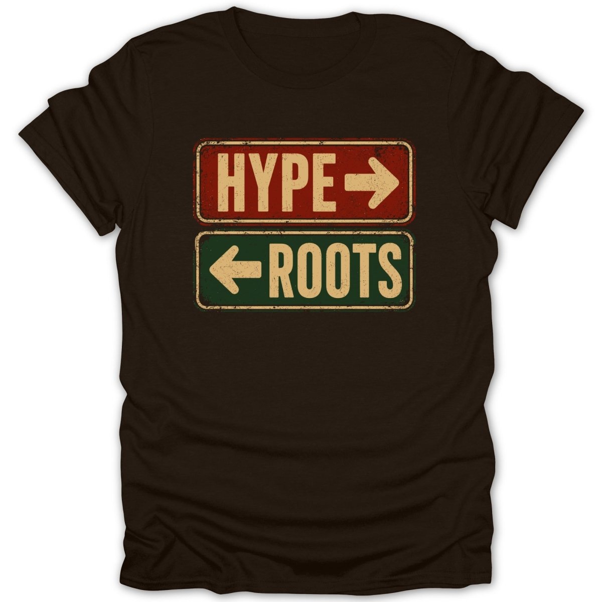 Brown t-shirt with "HYPEL" and "ROOTS" signs pointing in opposite directions.